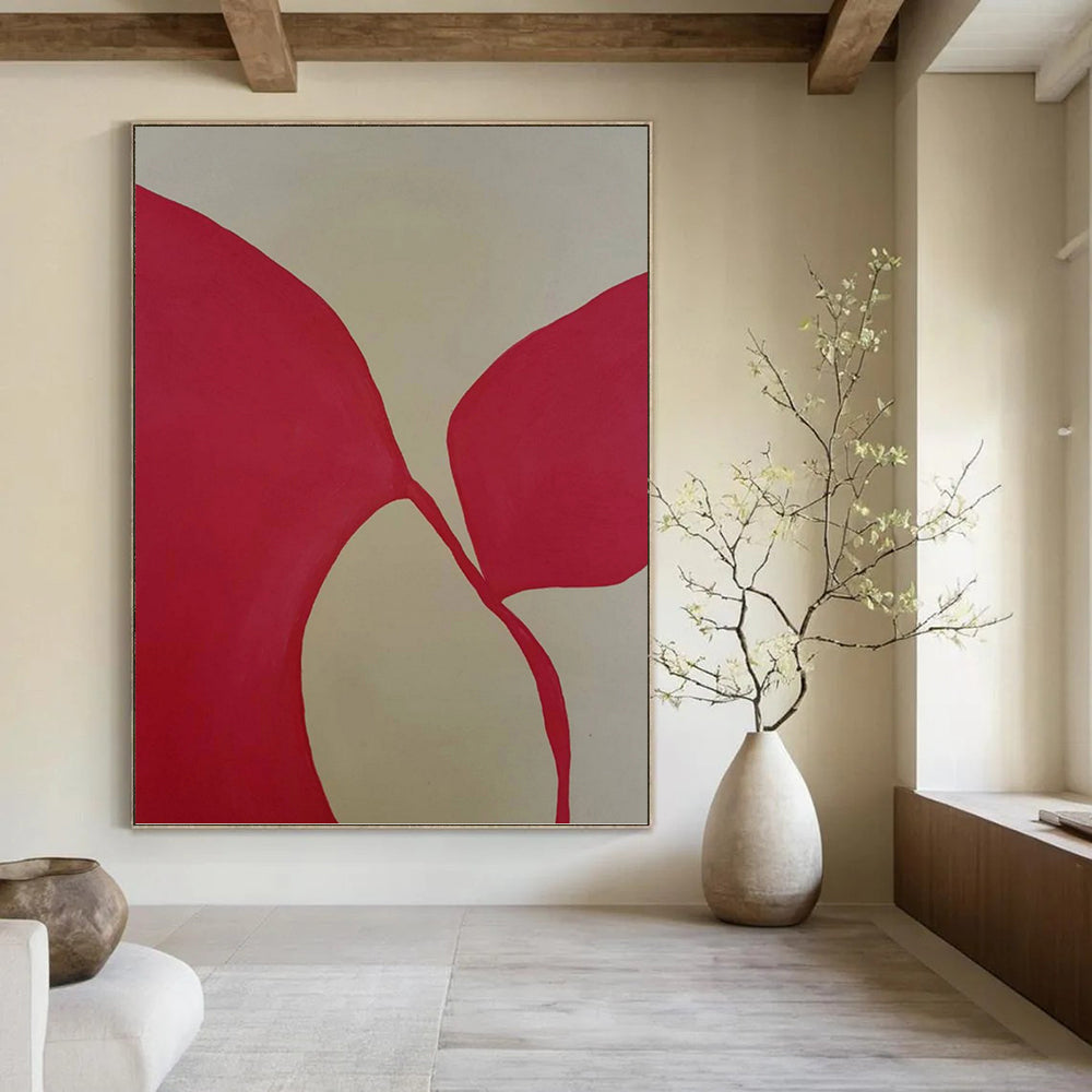 “Pink Linked Shapes on Light Beige” - Connected Forms Abstract Painting On Canvas PT1080