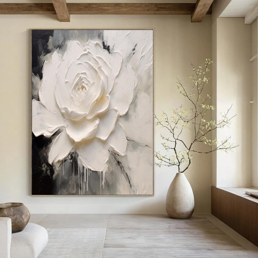 White, Gray with Textured Flower "Sculpted Petals" Impasto Floral Painting On Canvas PS1202