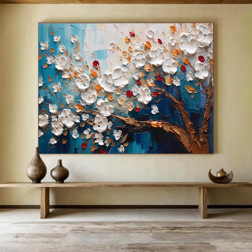 “White Flowers on Blue” - Impasto Oil Painting On Canvas DKS888