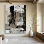 “Monochrome Textures II: Black, White, and Beige Abstract” - Dynamic Minimalist Art On Canvas PT0967