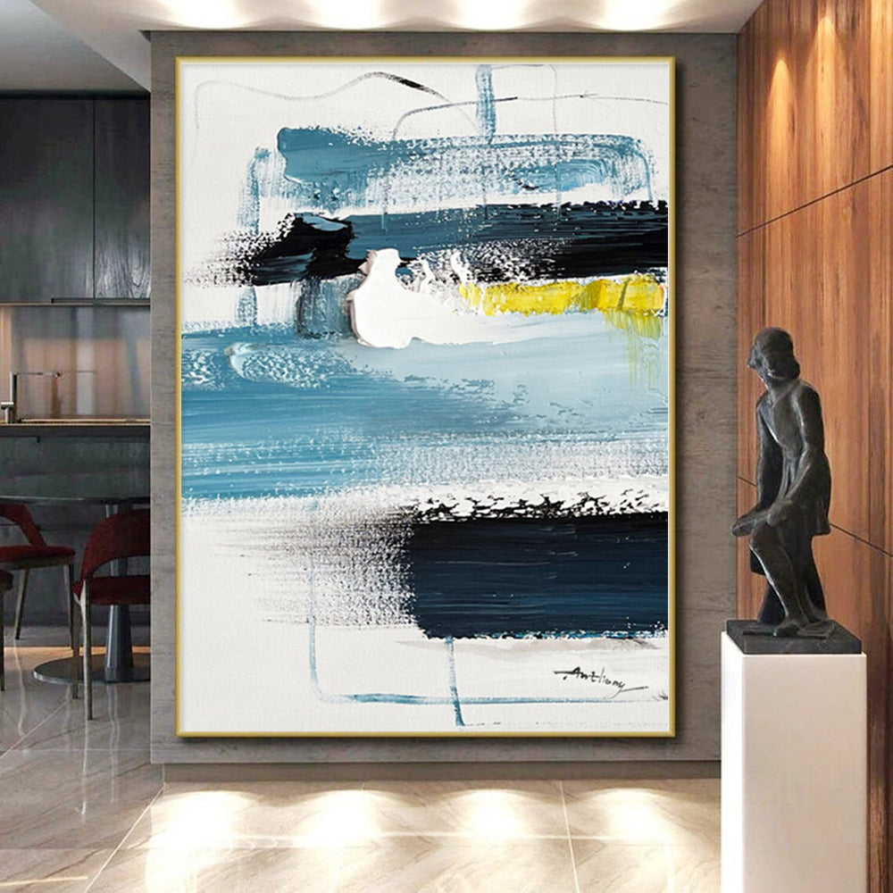 “Blue - Yellow Abstract Geometry” - Blue, Yellow, Black Abstract Painting On Canvas PS0483
