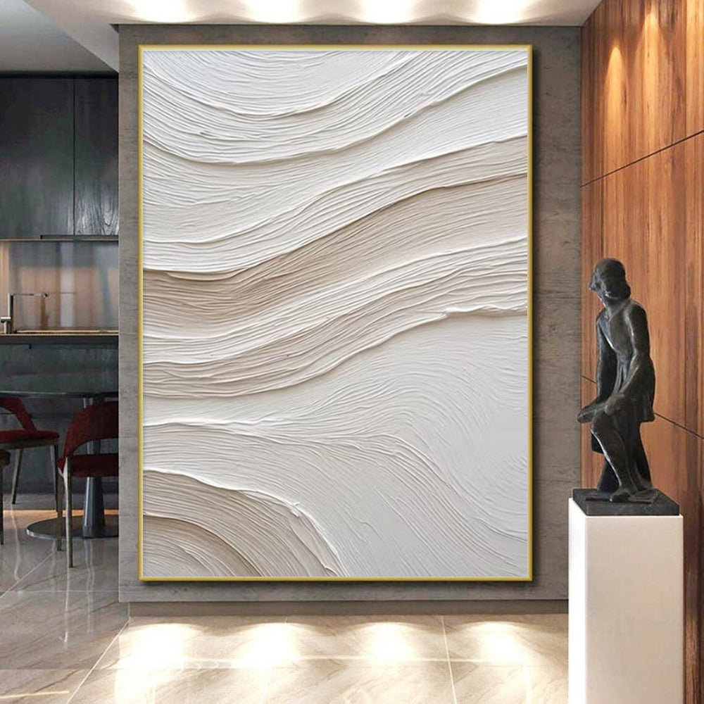 “White - Beige Wave Impasto” - White, Beige Abstract Impasto Painting On Canvas PS0722