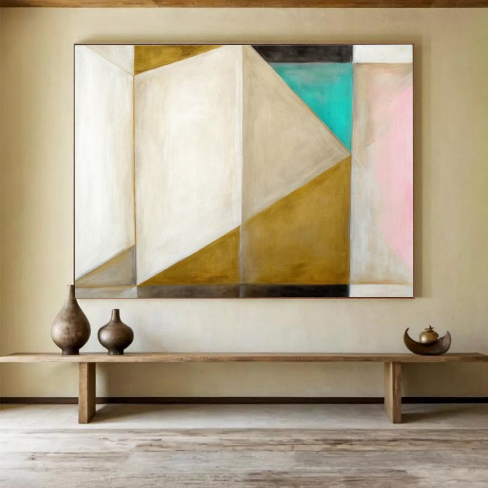 “Gold - White Geometric Harmony” Abstract Painting On Canvas DKS283