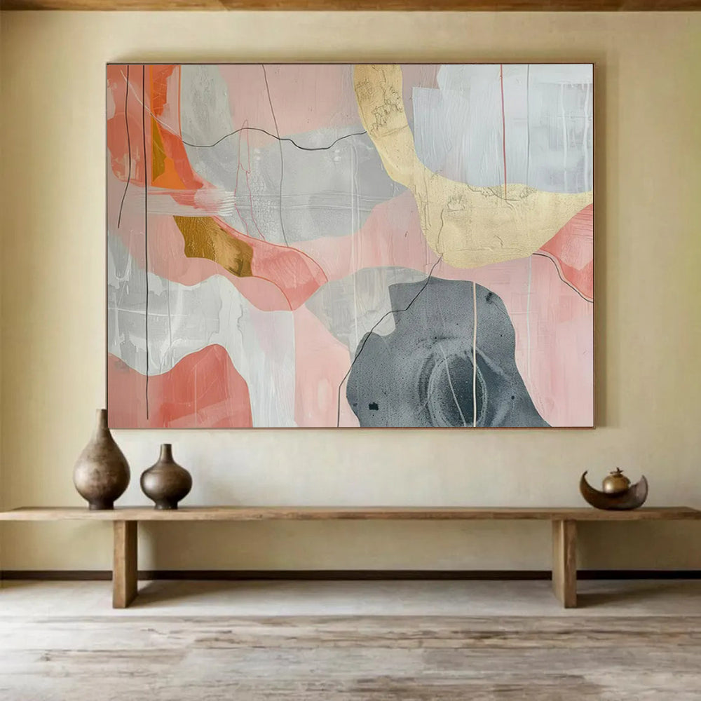 “Pink - Gray Abstract with Gold Details” - Modernist Abstract - Painting On Canvas PT1761