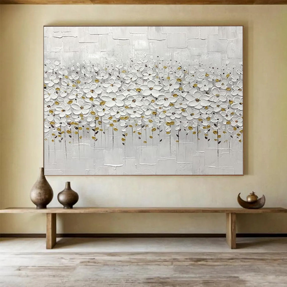“White & Gold Floral Impasto” - Elegant Textured Painting On Canvas PT214