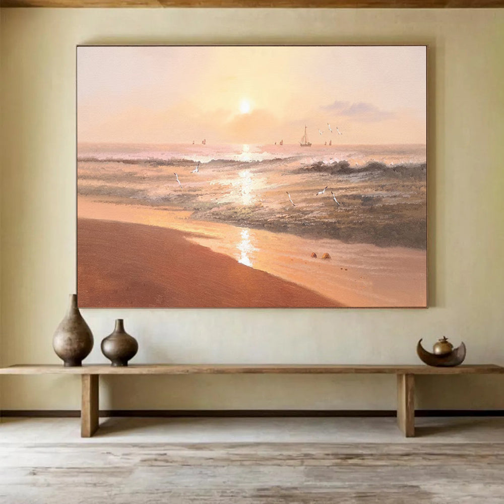 “Orange - Gold Sunset Beach” - Impressionistic Landscape Painting On Canvas PT264