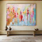 Pastel Dreamscape: Soft Pink, Blue & Gold Abstract Expressionist Painting for Bohemian Bedroom & Yoga Studio DKS643