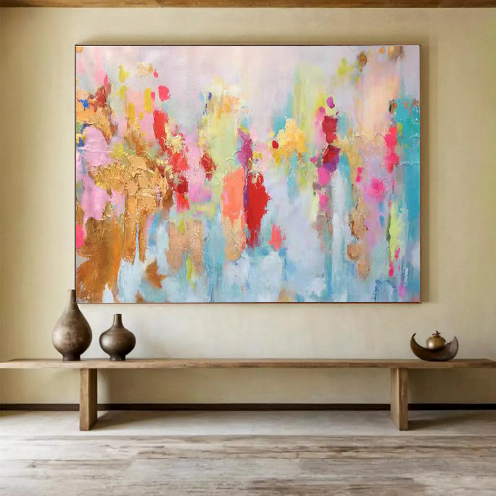 Pastel Dreamscape: Soft Pink, Blue & Gold Abstract Expressionist Painting for Bohemian Bedroom & Yoga Studio DKS643