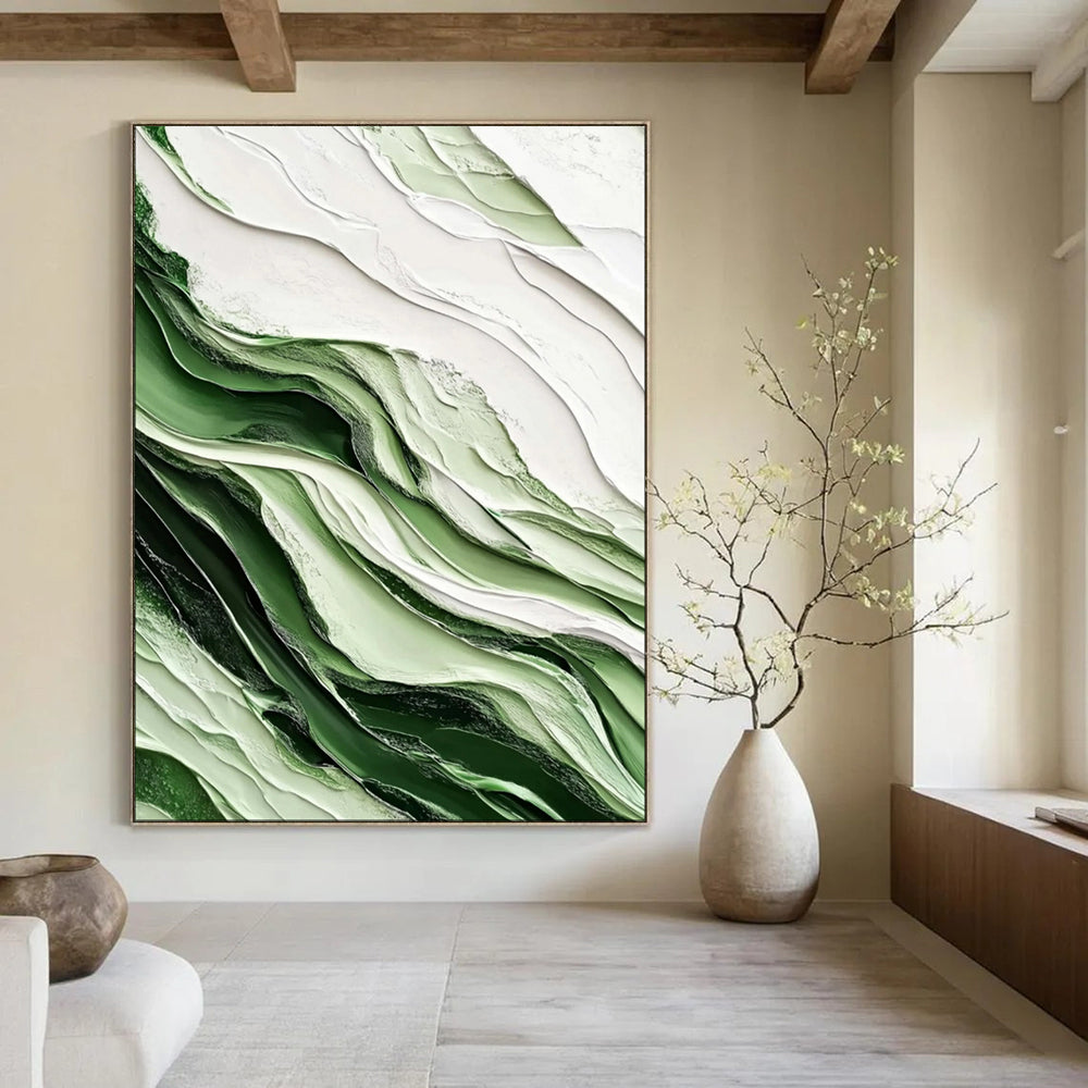 “Green - White Textured Abstract Waves” - Abstract Painting On Canvas PT2069