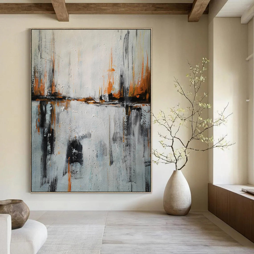 “Gray - Orange Abstract Reflection” - Abstract Landscape Painting On Canvas PT1973