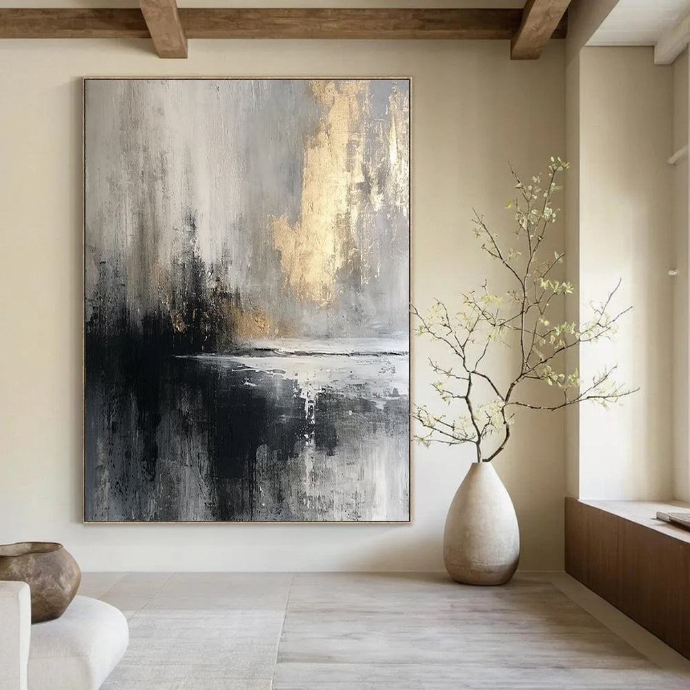 Gray, Gold, Black, and White, "Mystic Dusk" – Abstract Landscape Painting On Canvas PS1018