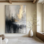 Gray, Gold, Black, and White, "Mystic Dusk" – Abstract Landscape Painting On Canvas PS1018