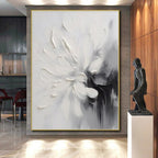 “Textured White Flower” - White, Gray, Black Textured Floral Painting On Canvas PS0767