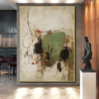 “Green - Black Line & Shape” - Green, Black, Brown Abstract Line Painting On Canvas PS0569