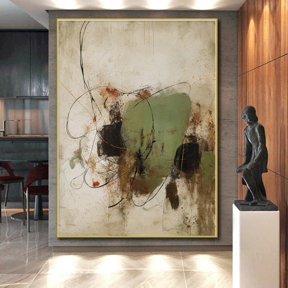 “Green - Black Line & Shape” - Green, Black, Brown Abstract Line Painting On Canvas PS0569