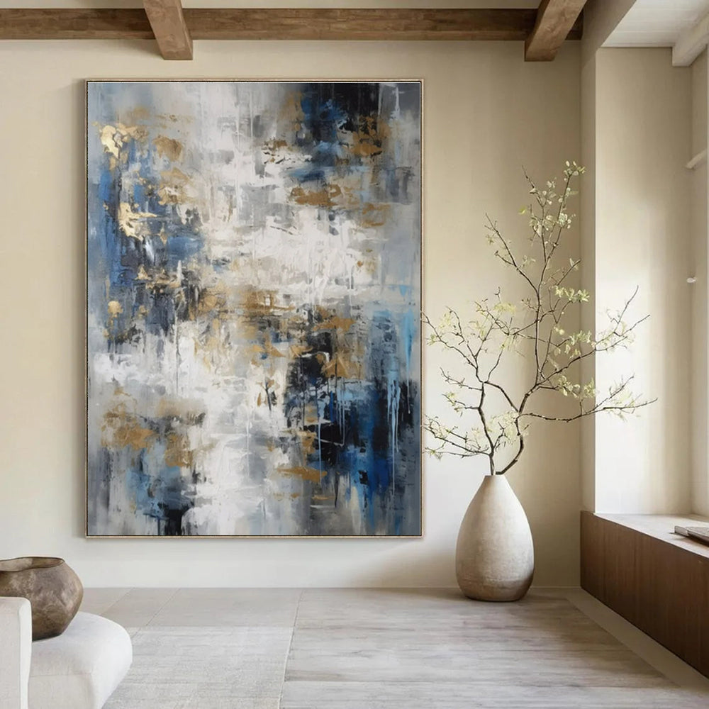 Gray, Blue, Gold with Abstract Drips and Splashes "Gilded Drizzle" Abstract Painting On Canvas PS1303