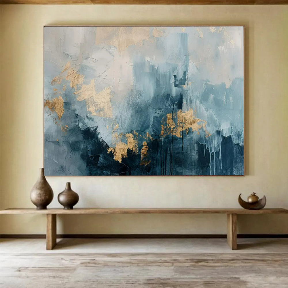 “Blue - Gray Abstract with Gold Accents” - Abstract Textured - Painting On Canvas PT1755