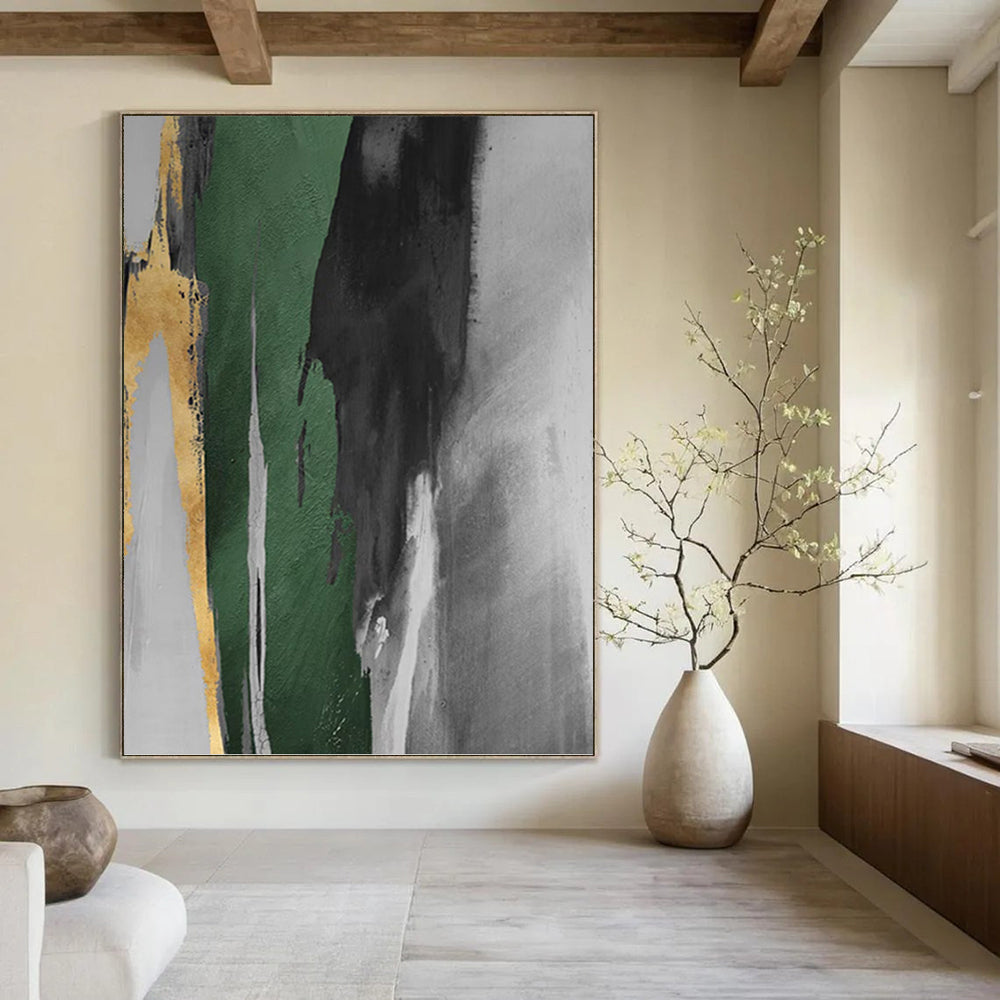 “Green - Grey - Gold Abstract Strokes” - Abstract Expressionist Painting On Canvas PT1198
