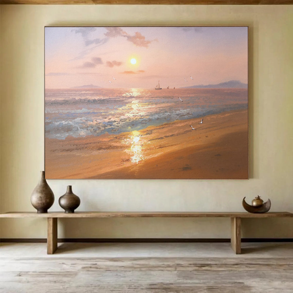 “Orange - Pink Sunset Seaside” - Impressionistic Landscape Painting On Canvas PT269