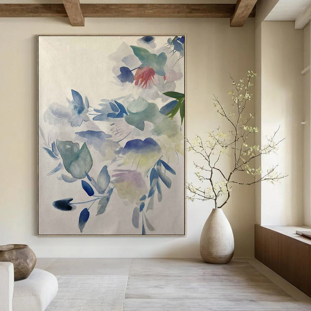 “Soft Blue - Green Watercolor Florals” - Watercolor Painting On Canvas PT2075
