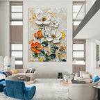 “Impasto White - Orange Floral Oil Art” - Oil Painting On Canvas PT2068