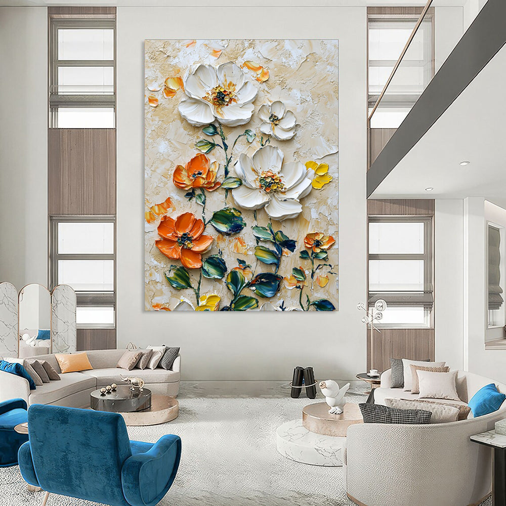 “Impasto White - Orange Floral Oil Art” - Oil Painting On Canvas PT2068