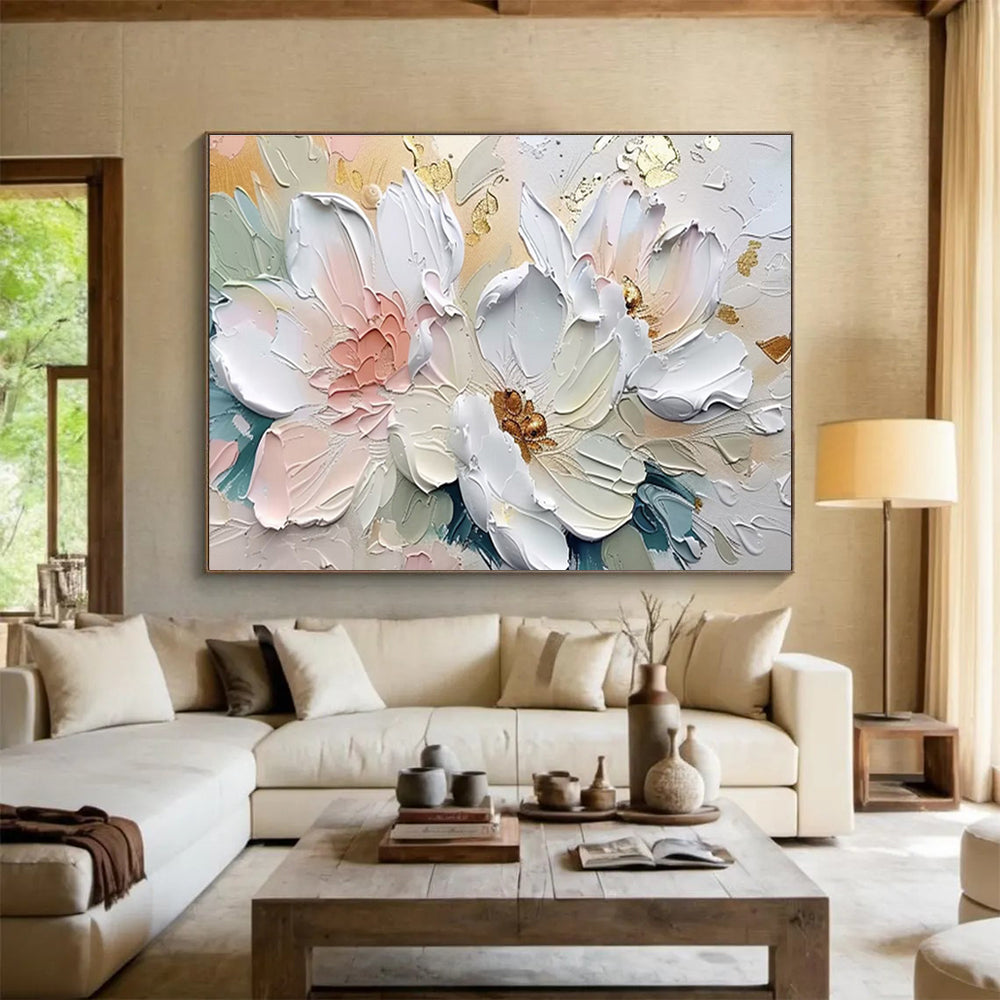 “Elegant White & Gold Florals” - Soft Pink, White & Gold 3D Flower, Textured Floral Painting On Canvas DKS712