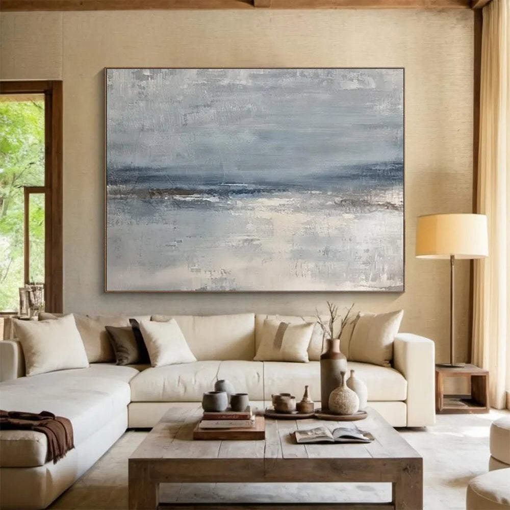 “Gray - Blue Abstract Seaside” - Minimalist Coastal Painting On Canvas PT1578