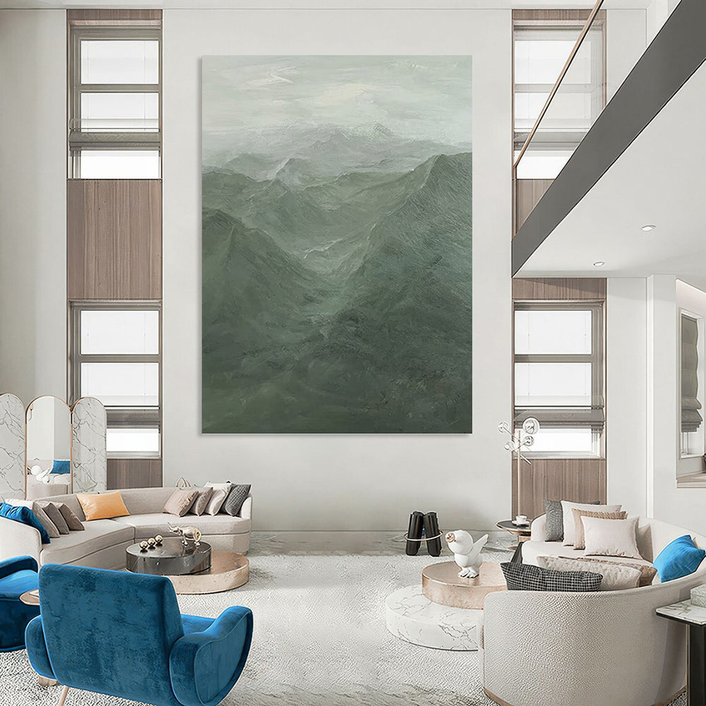 “Misty Green Mountain Range” - Landscape, Green - Toned Painting On Canvas PT1497
