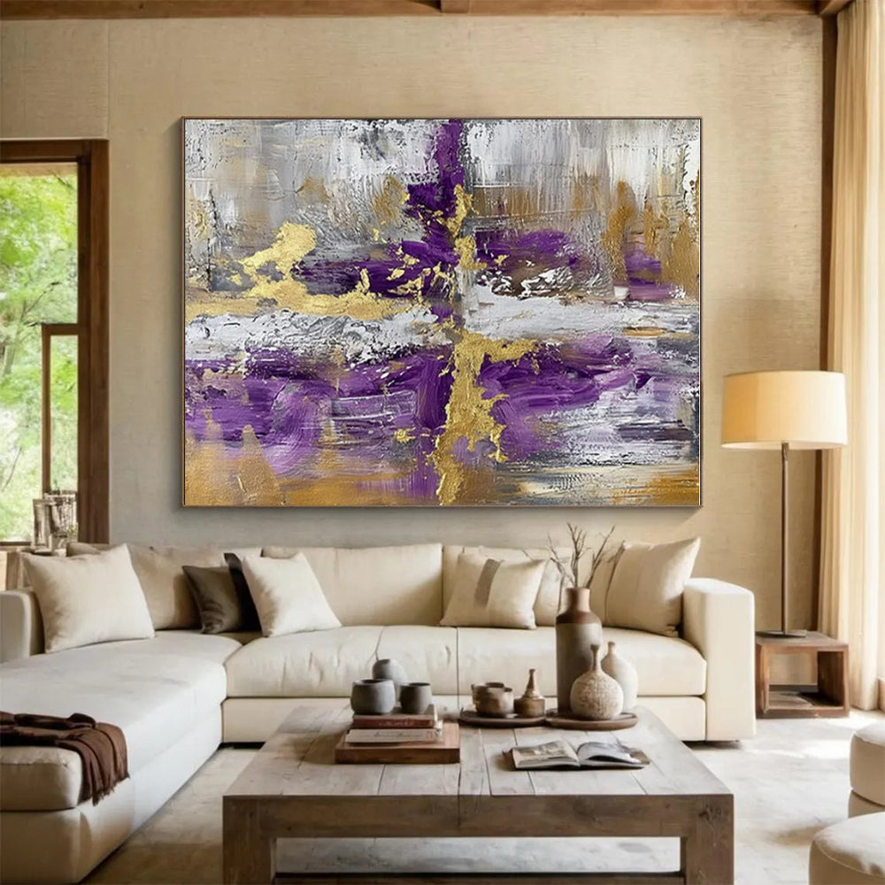 Purple & Gold Abstract Fusion "Ethereal Cross" Painting On Canvas PS0844