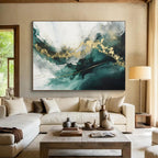 “Teal - Gold Abstract Waves” - Fluid Teal “Ocean Gold” Painting On Canvas PT1616