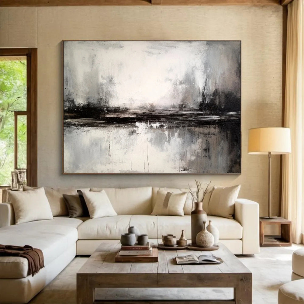 Monochrome Misty Waterscape - Atmospheric Abstract Painting On Canvas DKS342