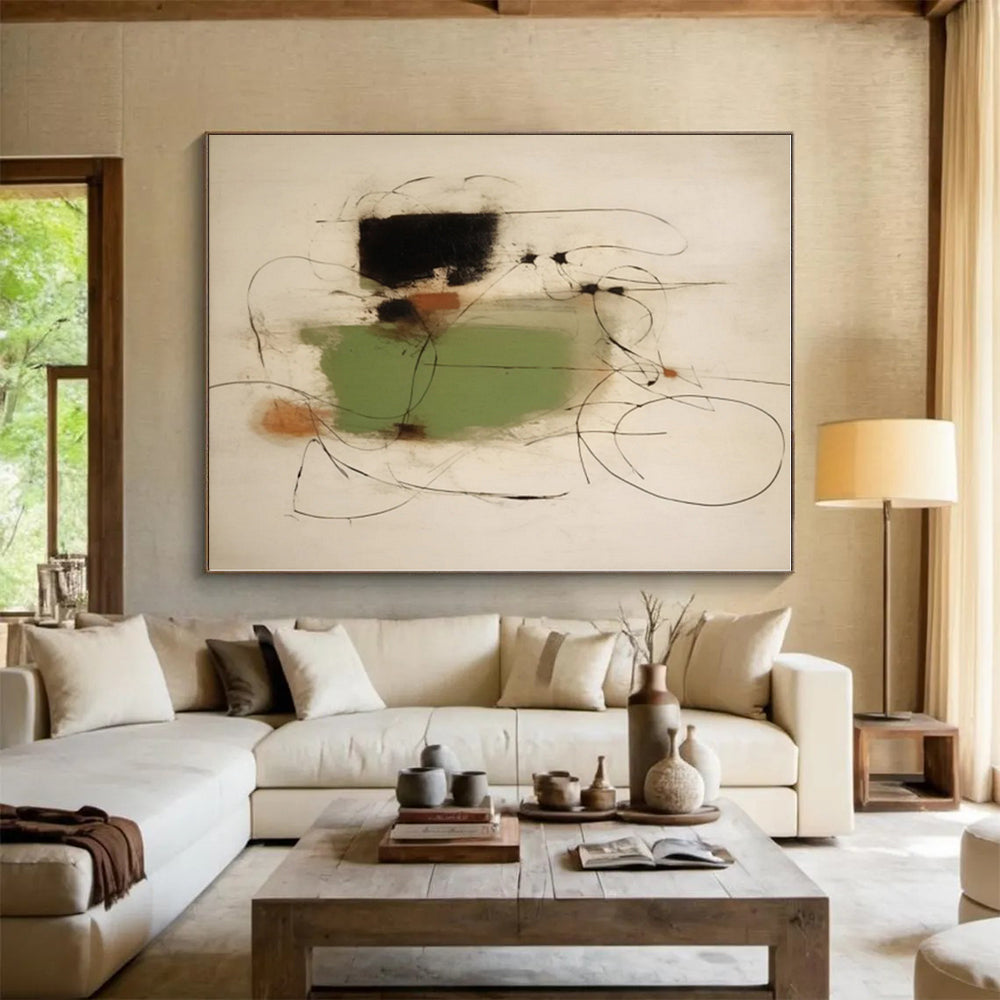 “Green - Black - Brown Abstract Lines” - Green, Black, Brown, White Abstract Painting On Canvas PS0518