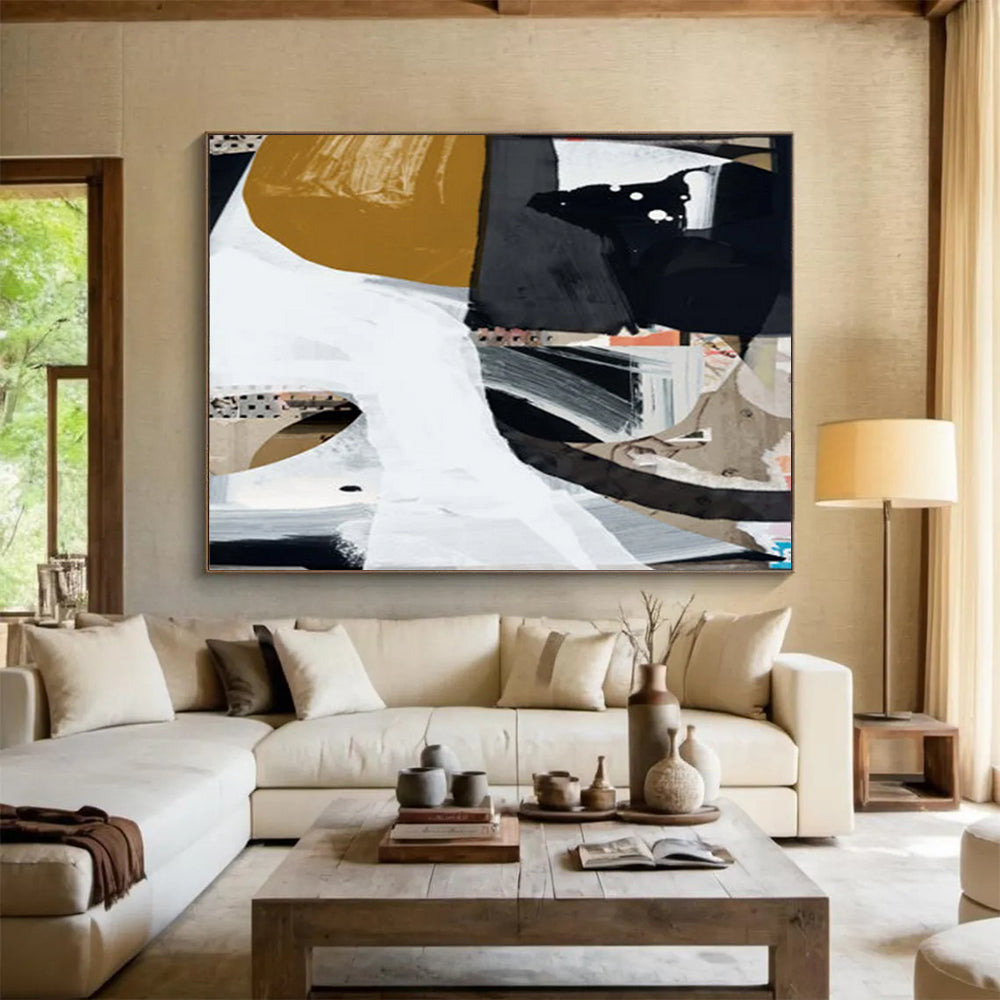 “Abstract Collage with Gold, Black, and White” - Mixed - Media Abstract Painting On Canvas PT127