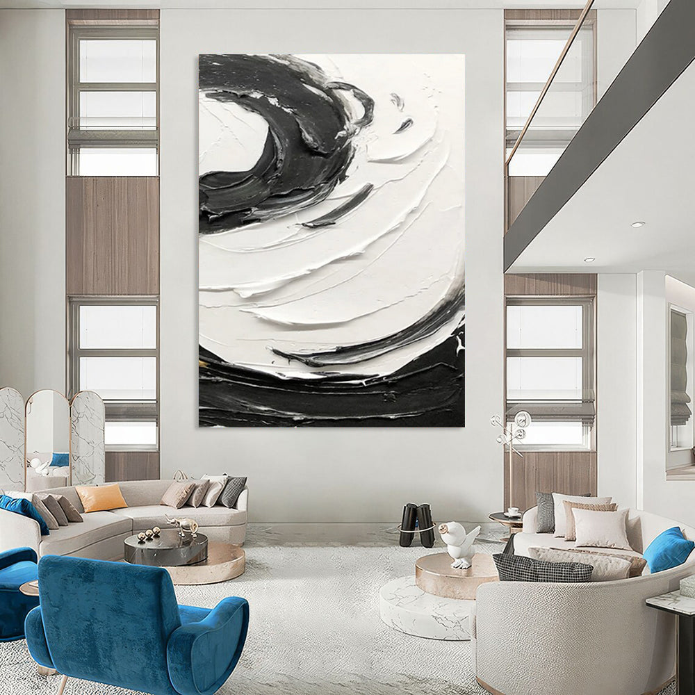 “Black and White Swirl Dynamics” - Energetic Abstract Painting On Canvas DS380