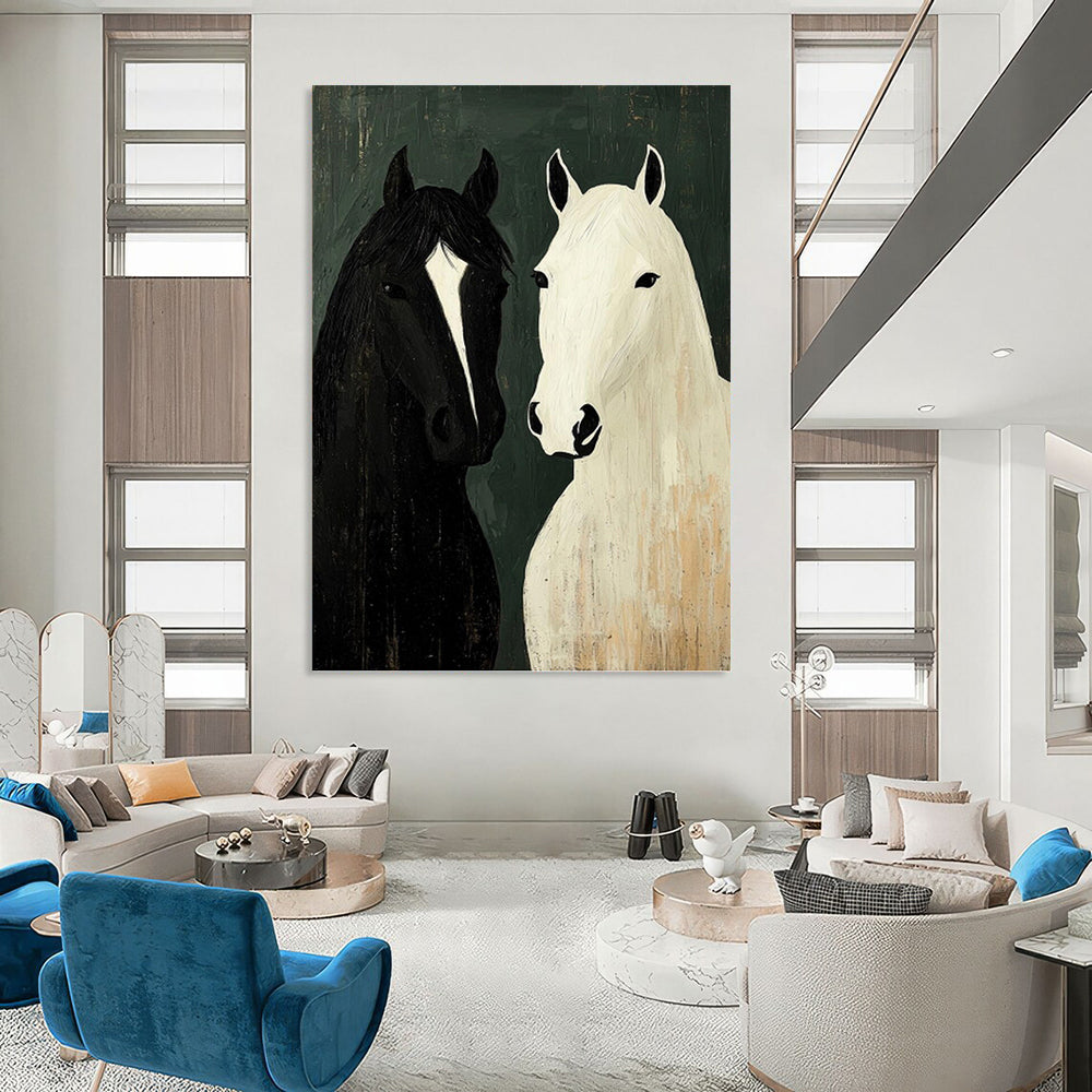 “Black and White Horse Portrait” - Folk - Inspired Animal Painting On Canvas PT1003