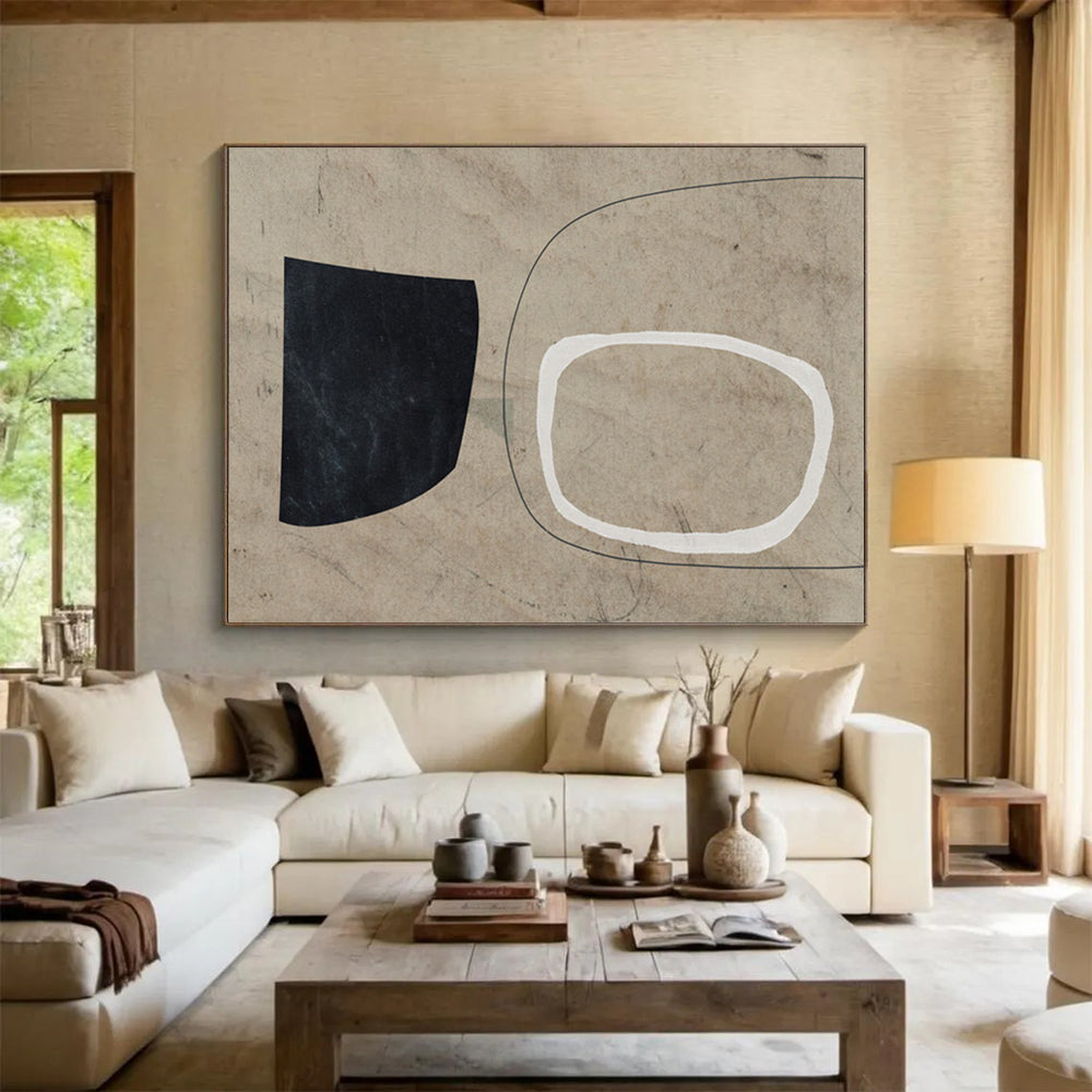 “Minimalist Black, White, and Beige Shapes” - Geometric Minimalist Painting On Canvas PT113