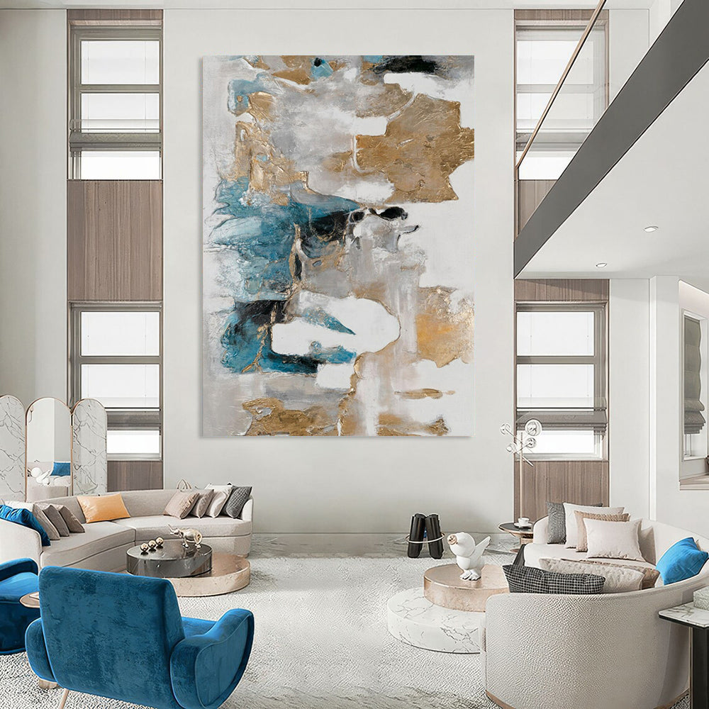 “Blue, Gray, and Gold Abstract” - Minimalist Abstract Painting On Canvas PT2245