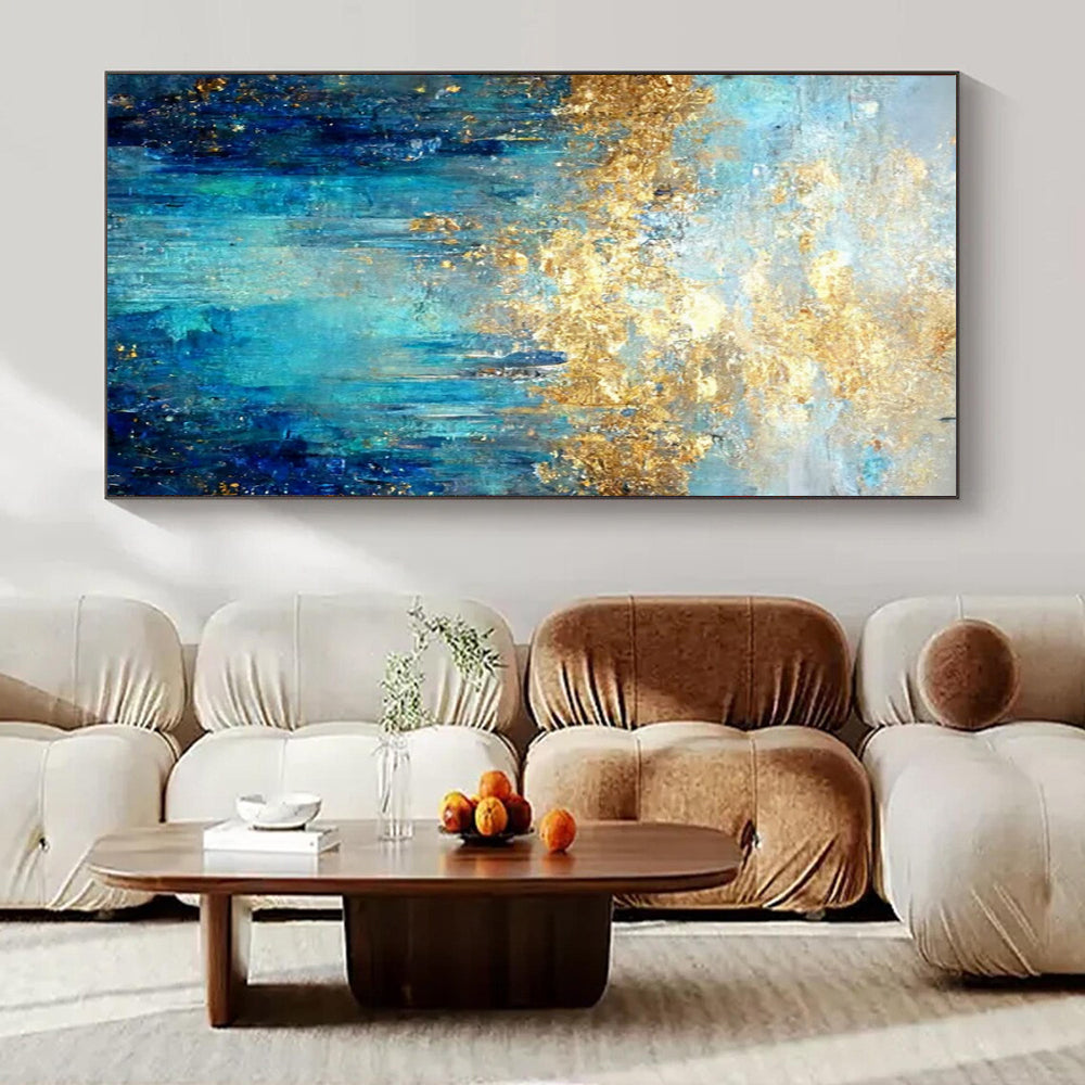 Blue, Gold, and Teal, "Golden Lagoon" – Abstract Landscape Painting On Canvas PS1015