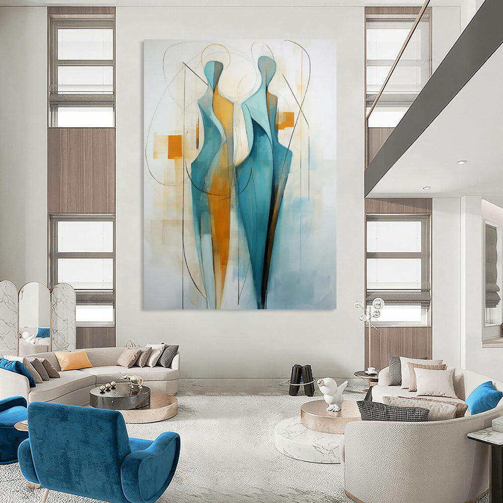 “Teal and Orange Abstract Figures” - Minimalist Abstract Painting On Canvas PT2234