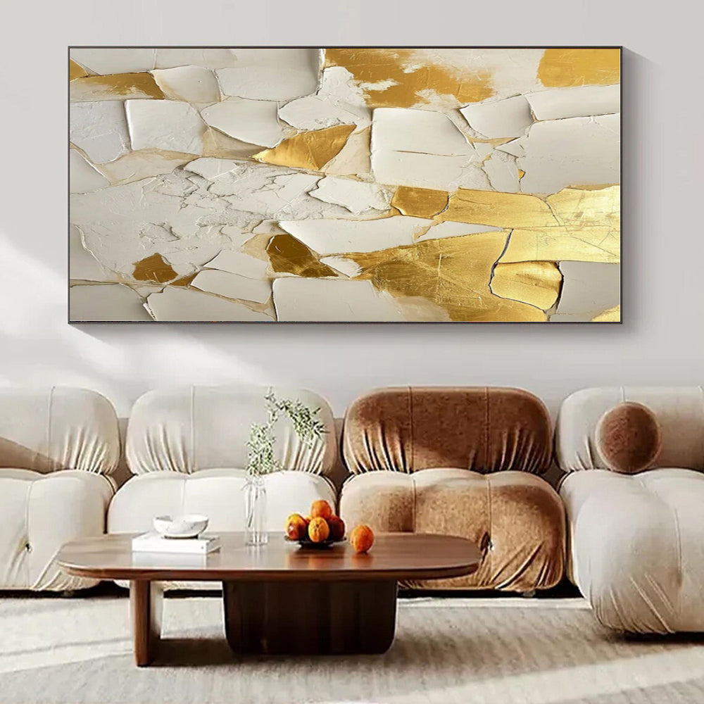 White, Gold with Crackled Textures "Gilded Fragment" Abstract Painting On Canvas PS1381
