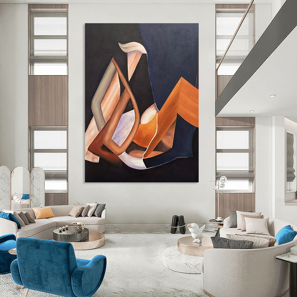 “Geometric Shapes: Brown, Orange, and Purple Abstract” - Cubist - Inspired Abstract Painting On Canvas PT0927