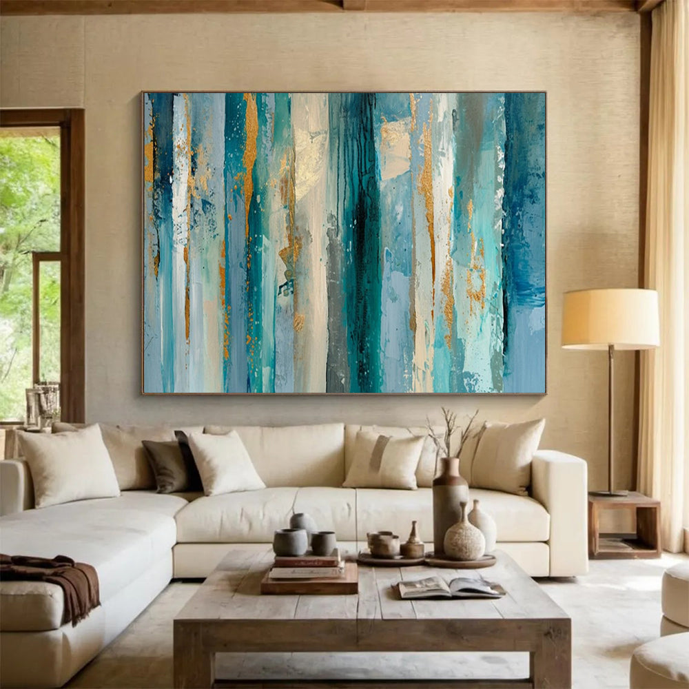 “Teal - Blue Stripes & Gold Flecks” - Abstract Textured - Painting On Canvas PT1715