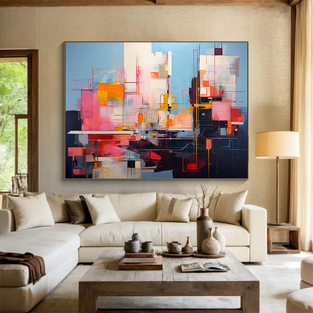 “Vibrant Geometric Abstract Cityscape in Pink, Blue & Colorful Lines” - Modern Cubist - Inspired Painting On Canvas PT020