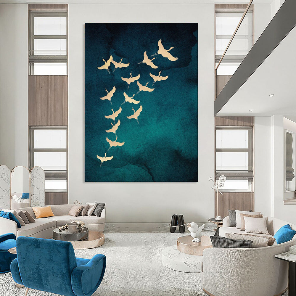 “Golden Cranes on Teal” - Nature - Inspired Painting On Canvas PT1919