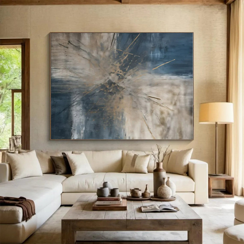 Blue & Beige Abstract Burst Painting On Canvas PS0825