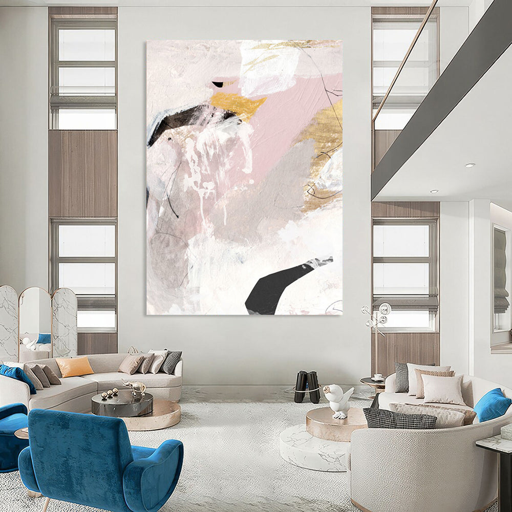 “Blush, Gold & Black Abstract Fusion” - Soft Tones with Geometric Flair Painting On Canvas DS211