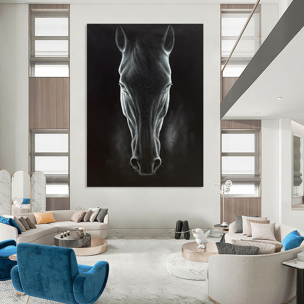 “Realistic Black Horse Portrait” - Hyperrealistic Oil Painting On Canvas PT2177