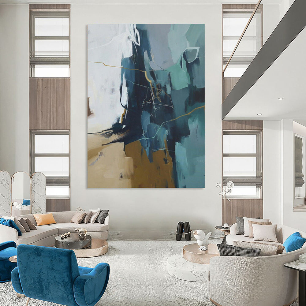 “Blue - Grey Abstract with Golden Lines” - Modern Abstract Painting On Canvas PT1016