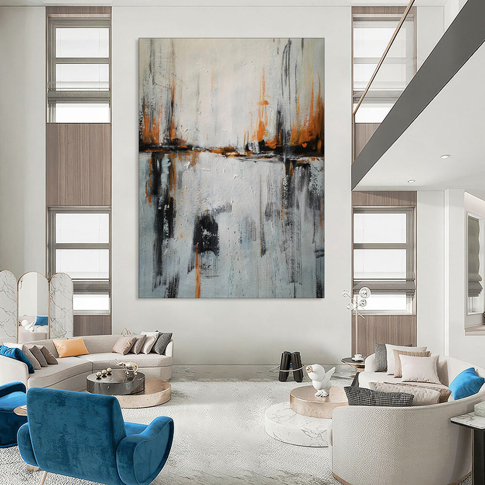 “Gray - Orange Abstract Reflection” - Abstract Landscape Painting On Canvas PT1973